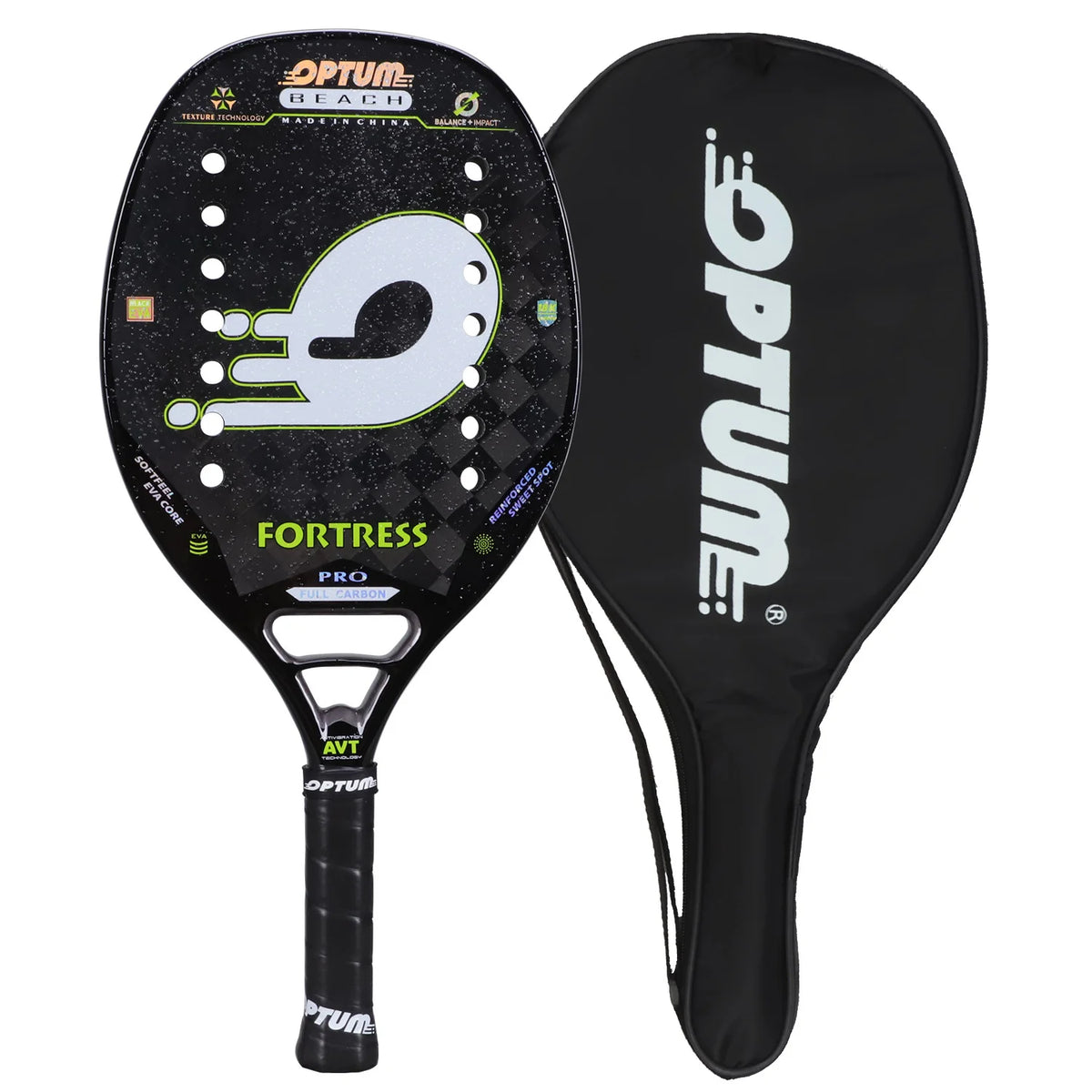 raquete beach tennis 18K, OPTUM Fortress Pro, carbono 100%, raquete 335g, acabamento rugoso, raquete com spin, raquete profissional beach tennis, raquete com 14 furos