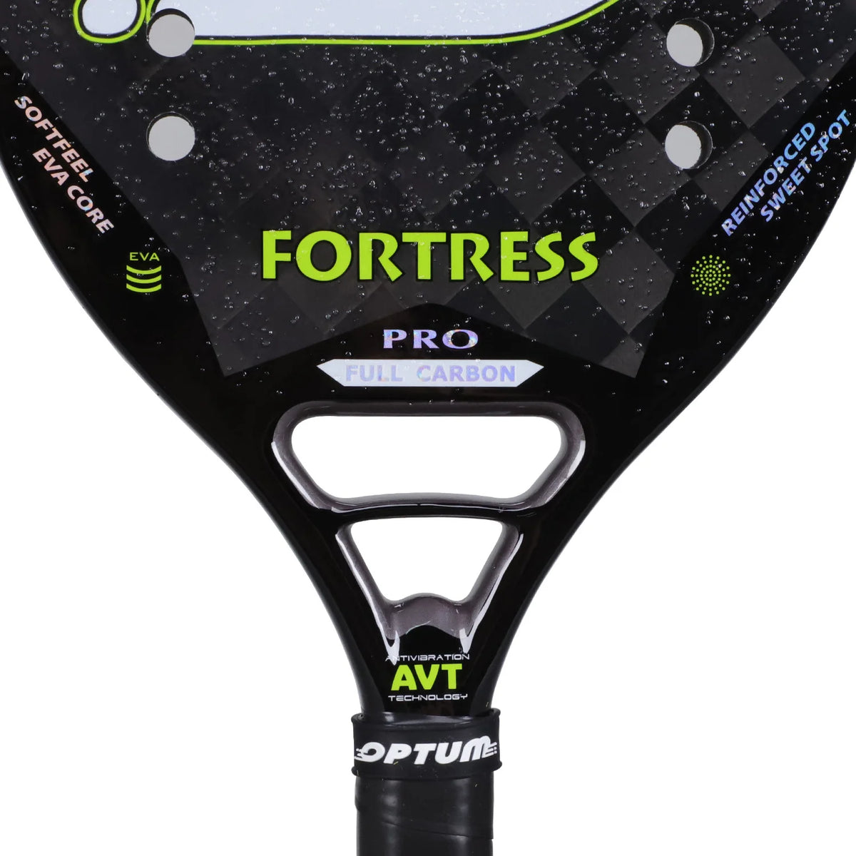raquete beach tennis 18K, OPTUM Fortress Pro, carbono 100%, raquete 335g, acabamento rugoso, raquete com spin, raquete profissional beach tennis, raquete com 14 furos