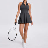 vestido dry fit com short interno,look esportivo feminino com vestido,vestido fitness gola alta com bolso,vestido casual esportivo com short por baixo